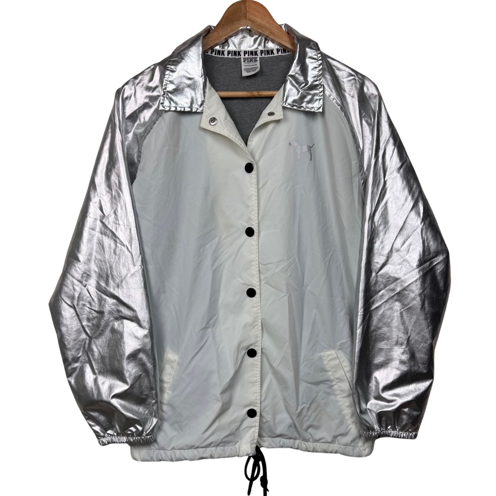 Victoria's Secret Pink Jacket Lined Coach Windbreaker Relaxed Small White/Silver